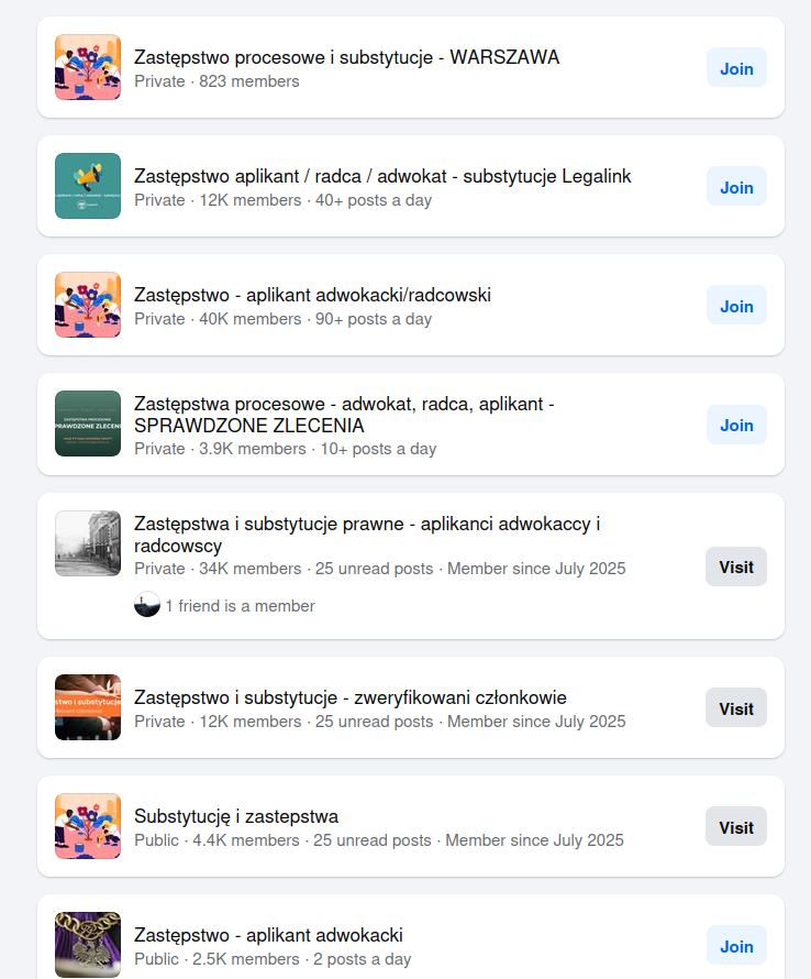Grupy na FB z ogłoszeniami o zastępstwa prawne