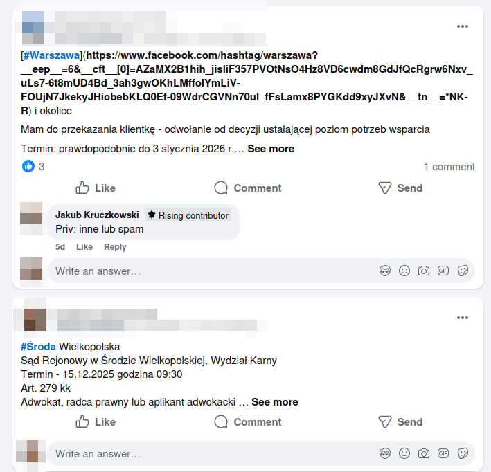 Grupy na FB z ogłoszeniami o zastępstwa prawne